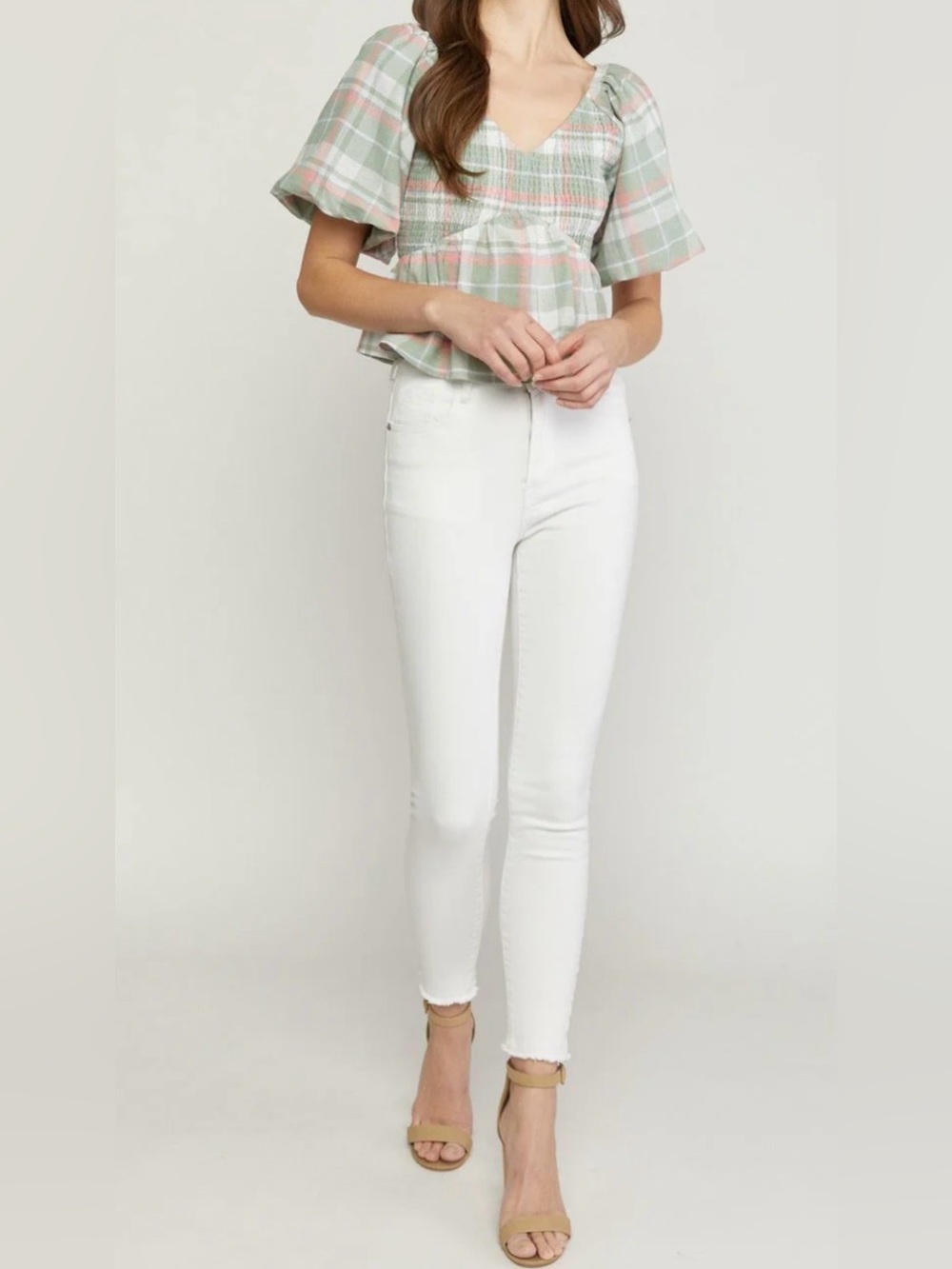Entro Womens L Green Plaid Puff Sleeve Peplum Top Summer Preppy Fairy Feminine - Picture 14 of 15